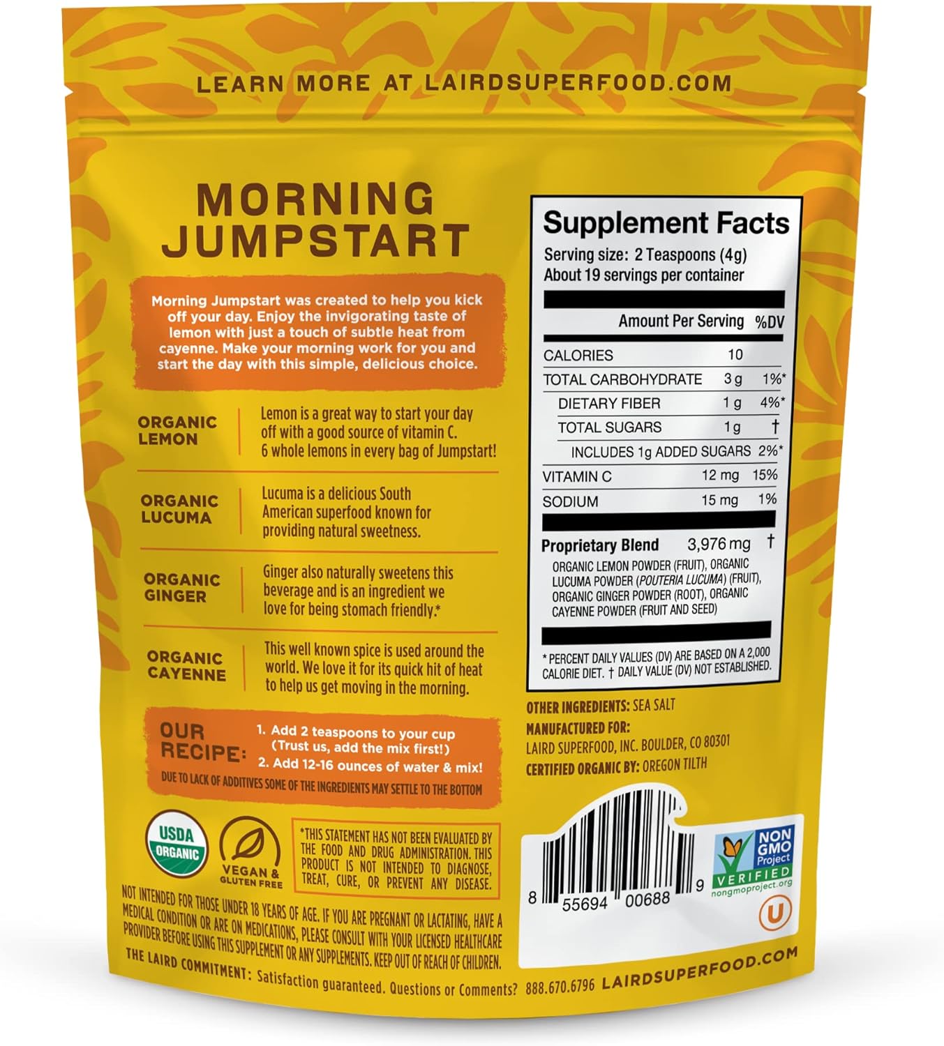 Laird Superfood Morning Jumpstart Powder Drink Supplement 2.7 Oz Bag