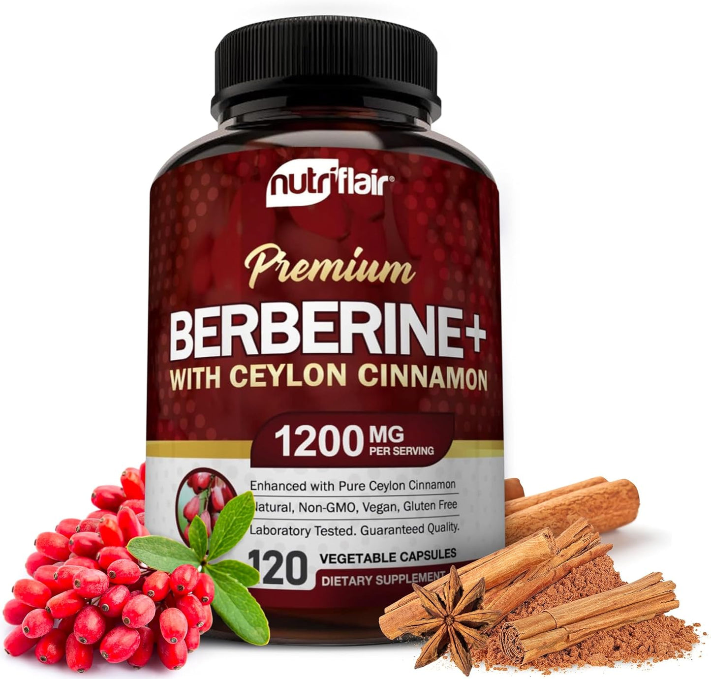 NutriFlair Premium Berberine HCL 1200mg, 120 Capsules