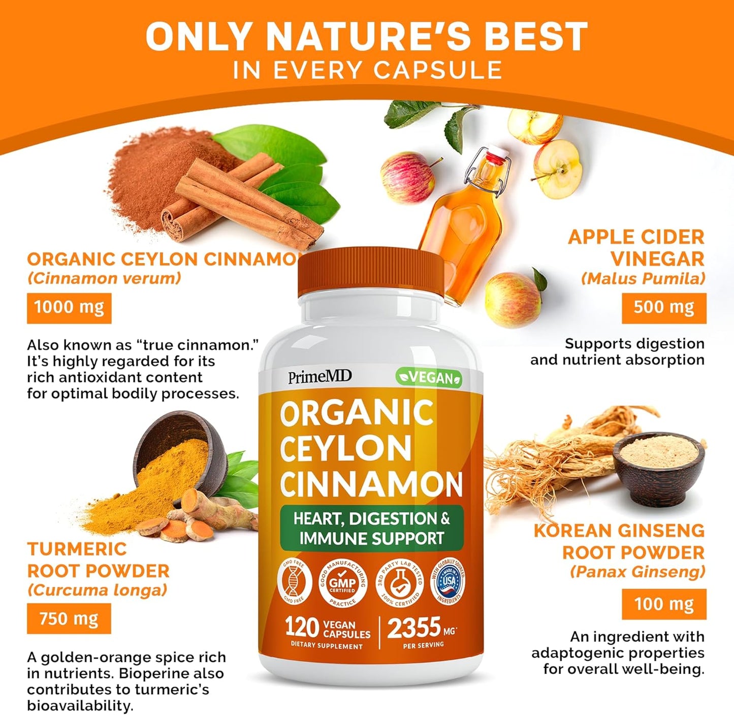 5-in-1 Ceylon Cinnamon Capsules 2355mg with Apple Cider Vinegar,120 Count