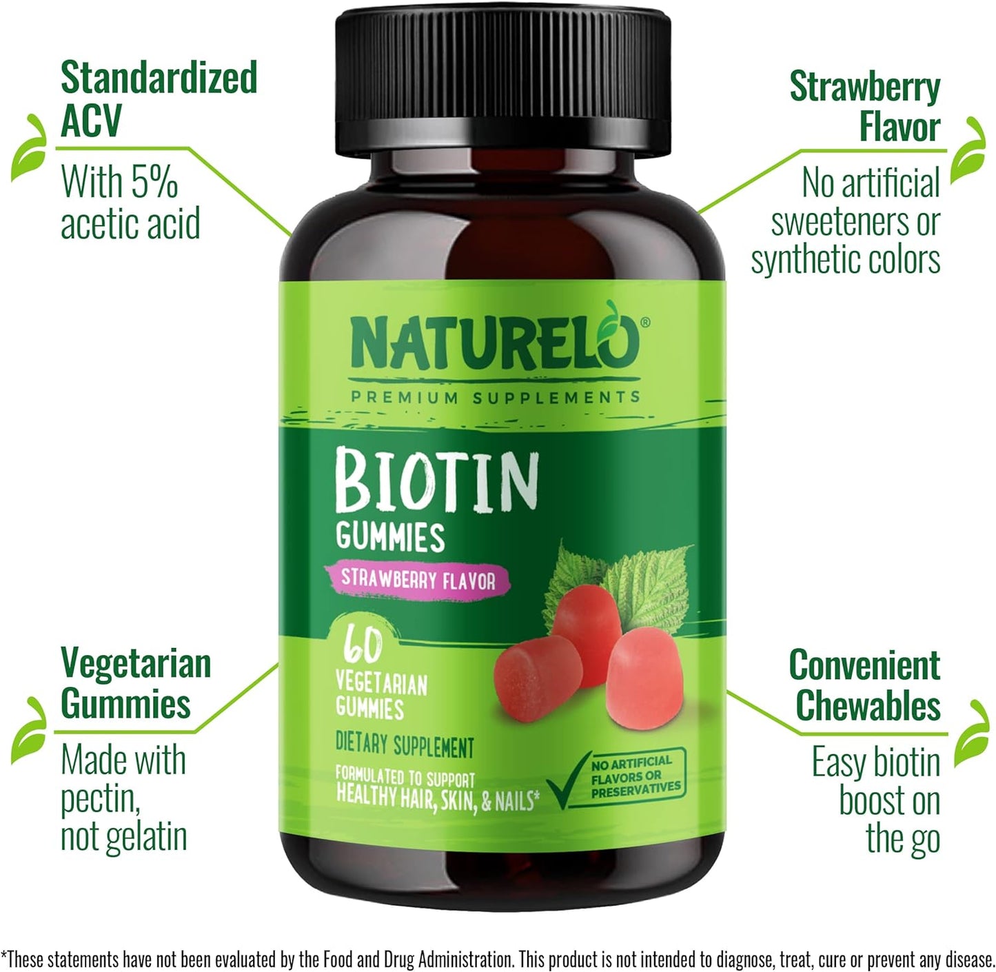 NATURELO Biotin Gummies - Supports Healthy Hair, Skin & Nails - 60 Gummies