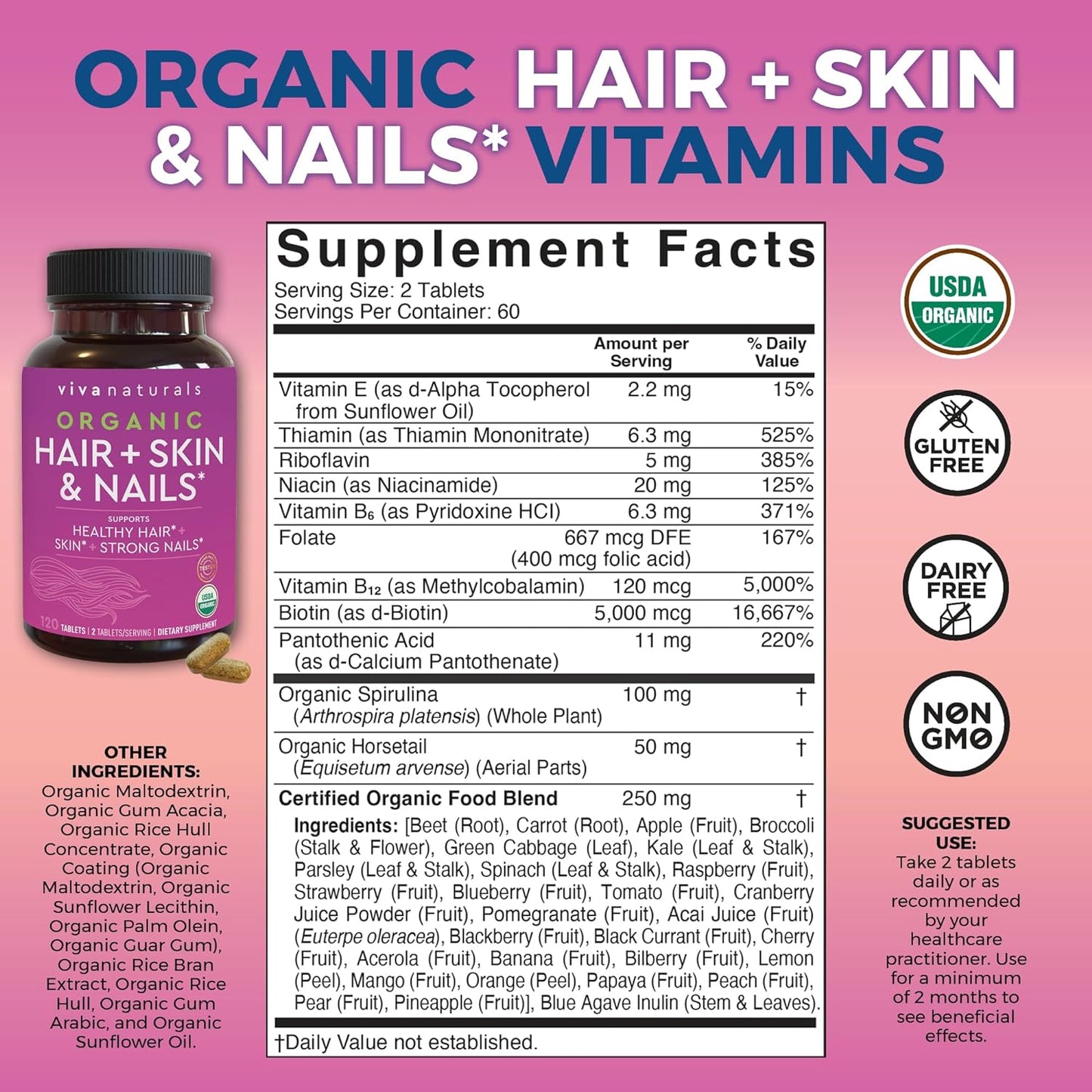 Organic Biotin Vitamins For Hair Skin and Nails Health Support -  120 Biotin Supplement