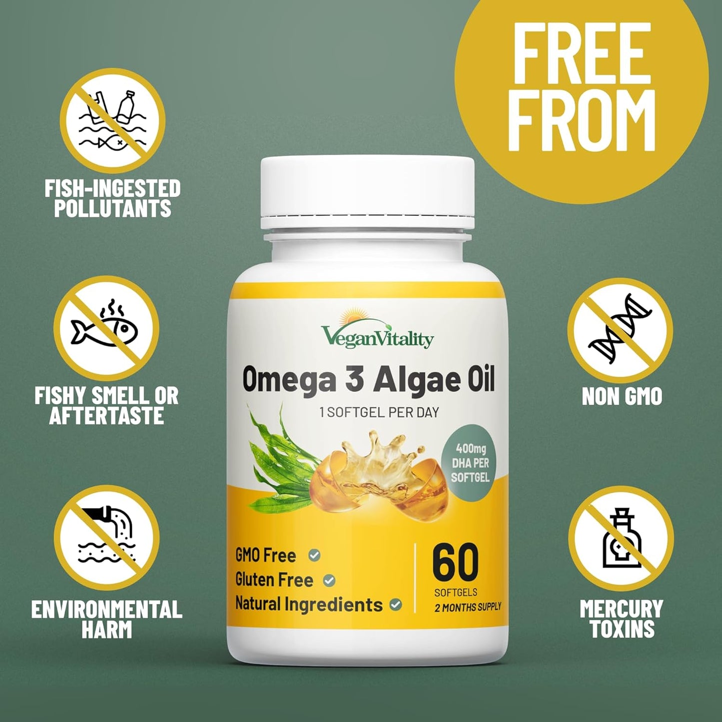 Vegan Vitality Vegan Omega 3  Alage oil 60 softgels count