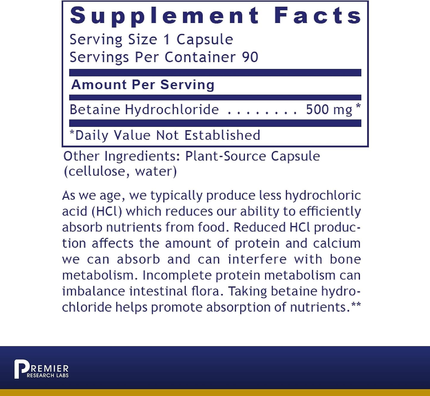 Premier Research Labs Premier HCL - Betaine HCL, Betaine Hydrochloride Supplement - 90 capsules