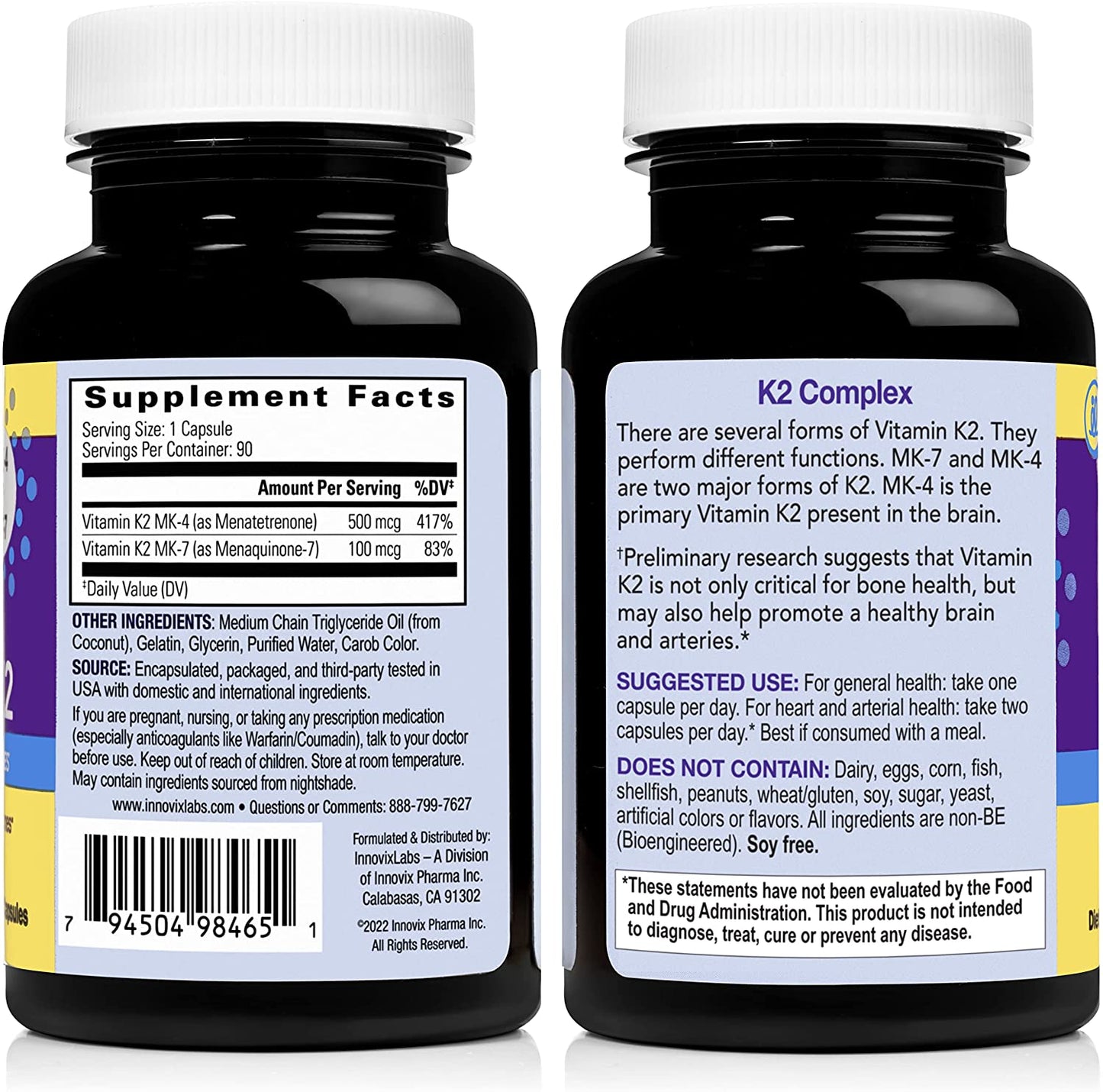 InnovixLabs Full Spectrum Vitamin K2 with MK-7 and MK-4, All-Trans Bioactive K2, 90 Capsules