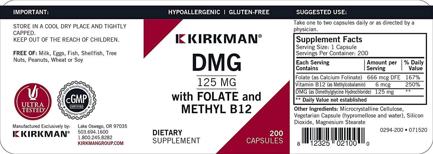 Kirkman DMG 125 mg with Folate and Methyl B12 200 Capsules