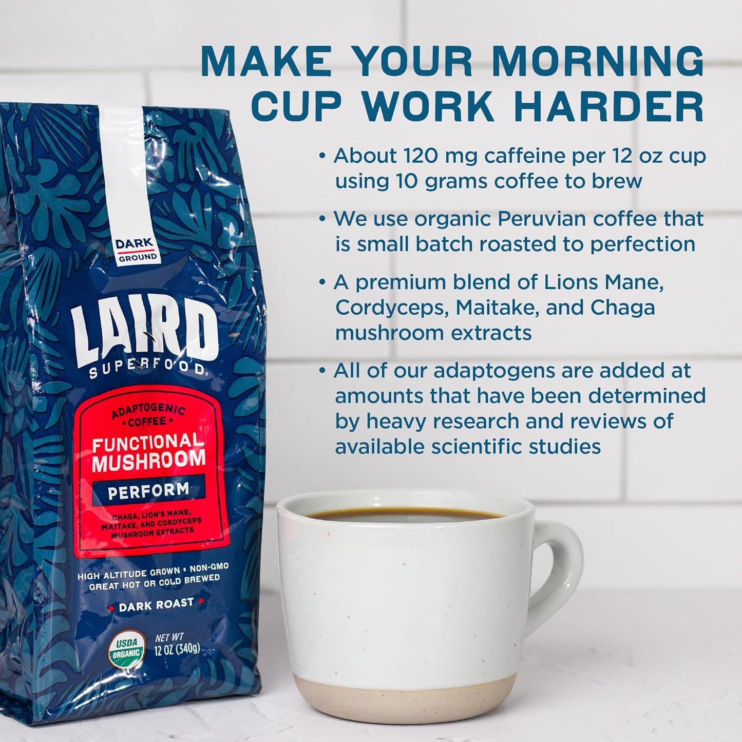 Laird Superfood Peruvian Dark Roast Coffee with Functional Mushrooms 12 oz.