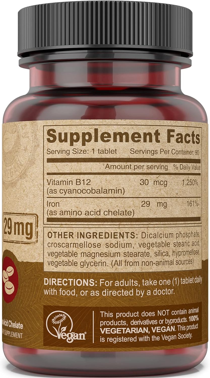 Deva Nutrition Vegan Chelated Iron 29 mg Fortified with B-12 - High Potency, Easy to Swallow - 90 Tablets, 1-Pack