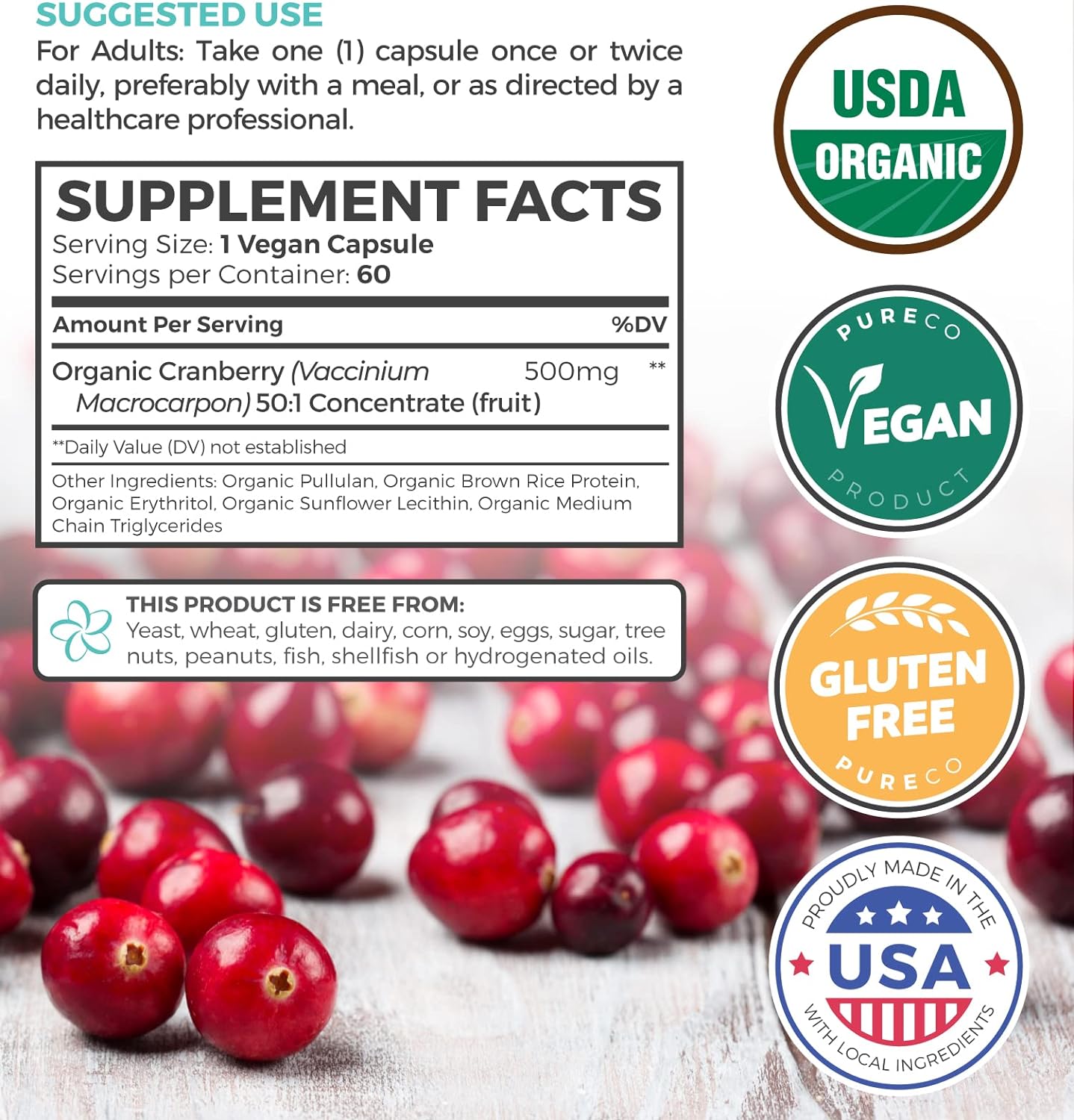 Organic Cranberry Pills - 50:1 Concentrate Equals 60 Capsules