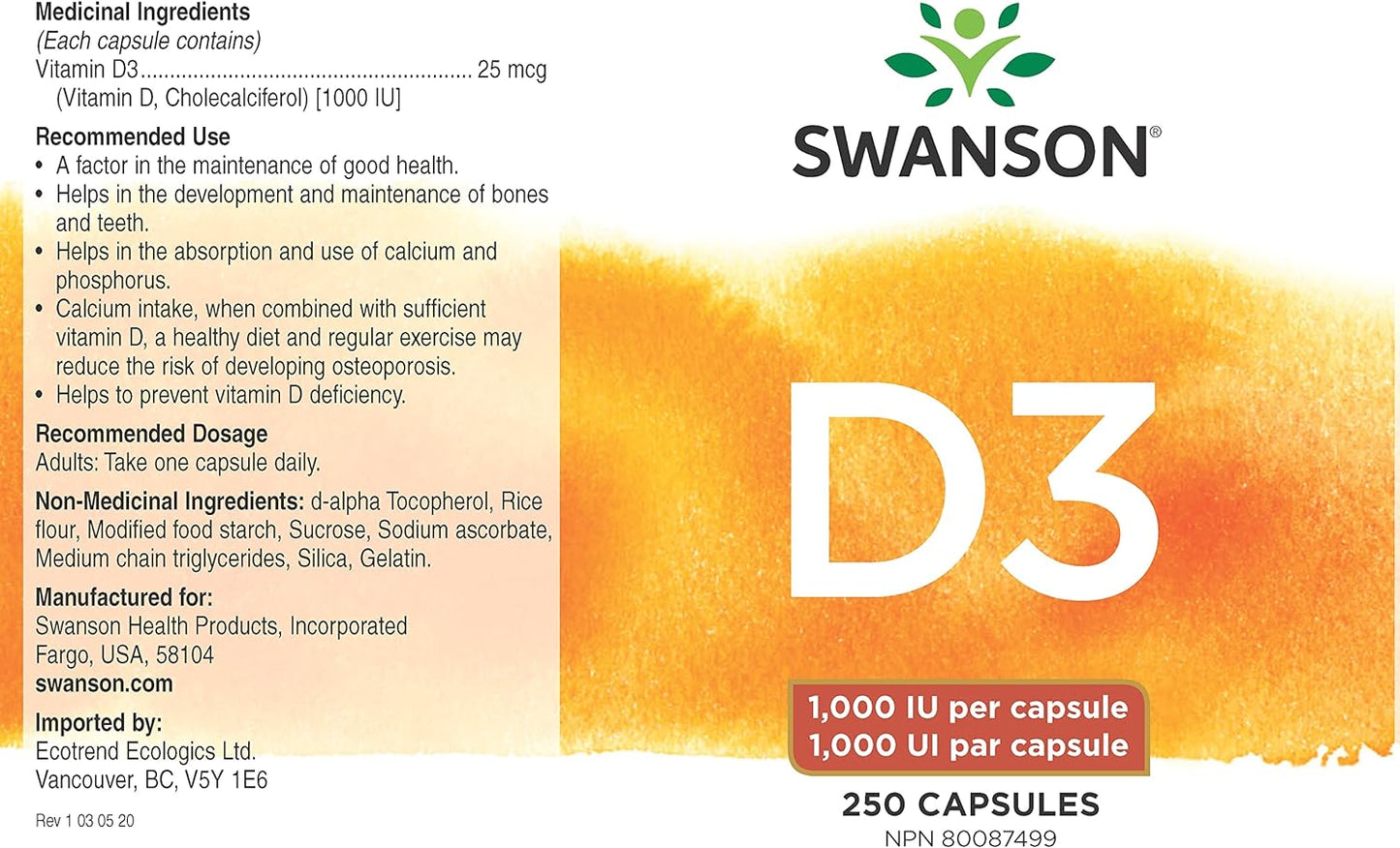 Swanson Vitamin D-3, 250 Capsules