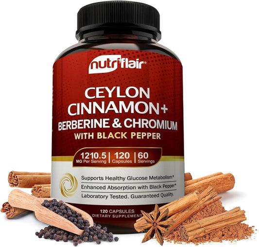 NutriFlair Ceylon Cinnamon, Berberine HCL, Chromium, Black Pepper Extract 120 Capsules