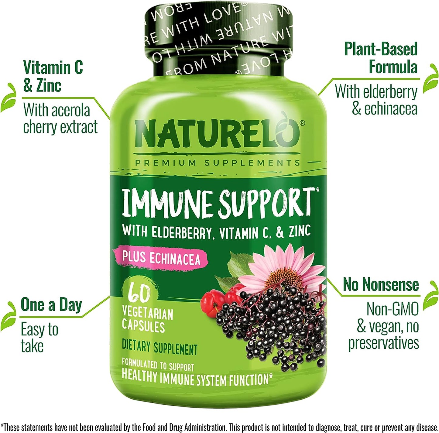 NATURELO Immune Support – Vitamin C, Elderberry, Zinc, Echinacea – 60 capsules