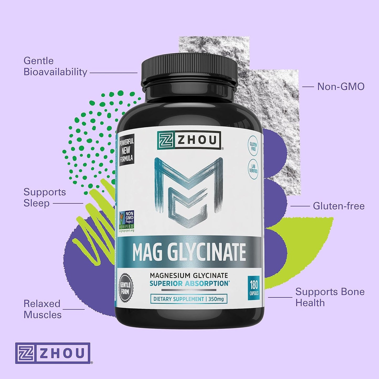 Zhou Magnesium Glycinate Complex  Time-Release Absorption, 180 Capsules