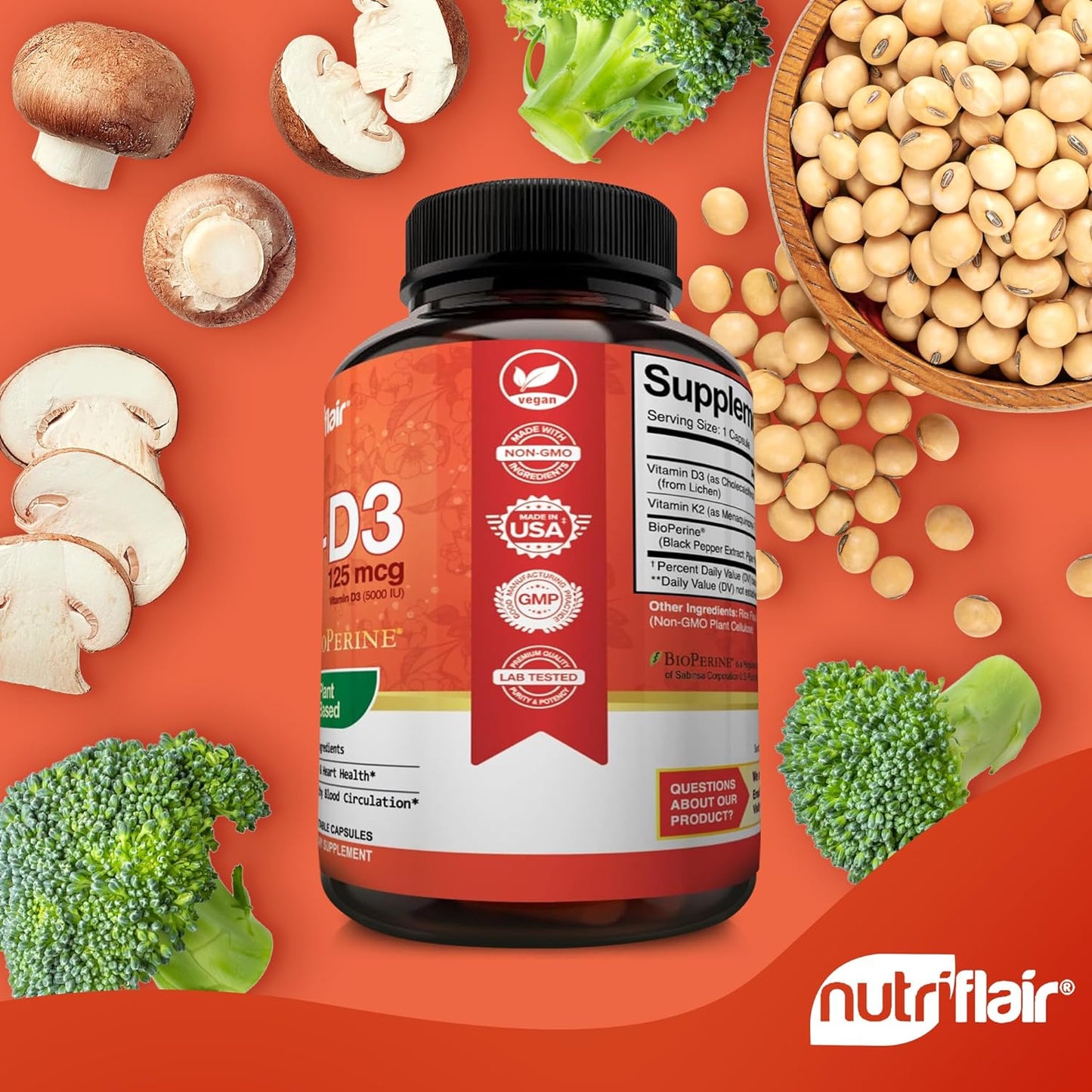 NutriFlair Vitamins D3 (5000iu/125mcg) + K2 (as Mk7)  90 Capsules