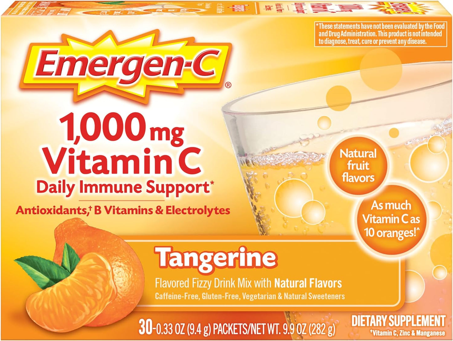 Emergen-C 1000mg Vitamin C Powder, with Antioxidants, B Vitamins and Electrolytes, Vitamin C Supplements for Immune Support, Caffeine Free Fizzy Drink Mix, Tangerine Flavor - 30 Count