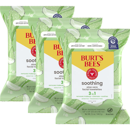 Burt's Bees Aloe Vera Face Wipes, for Sensitive Skin,30 Ct. (3-Pack)