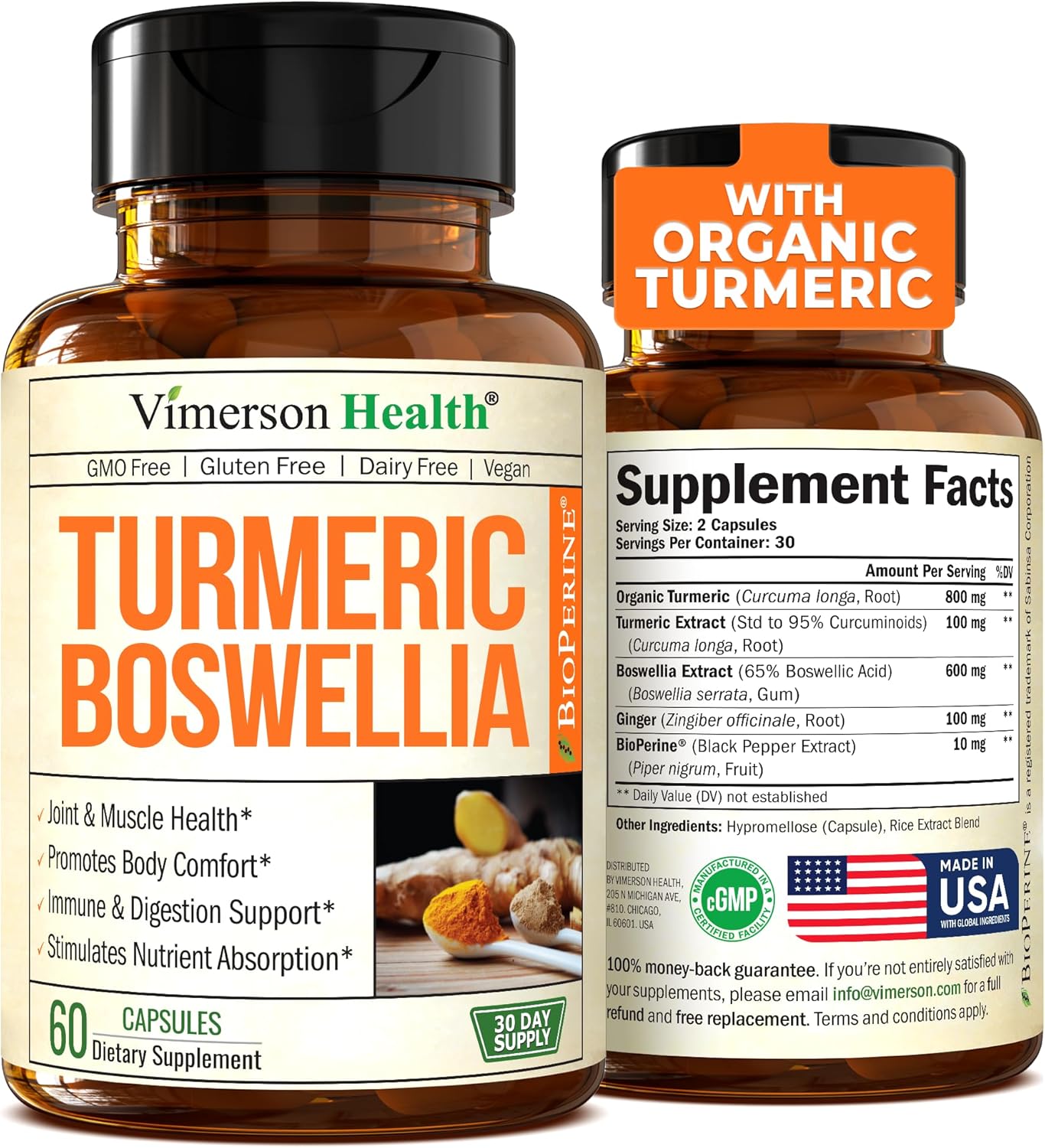 Turmeric Curcumin Supplement with Boswellia Serrata Extract, Organic Turmeric, 60 capsules