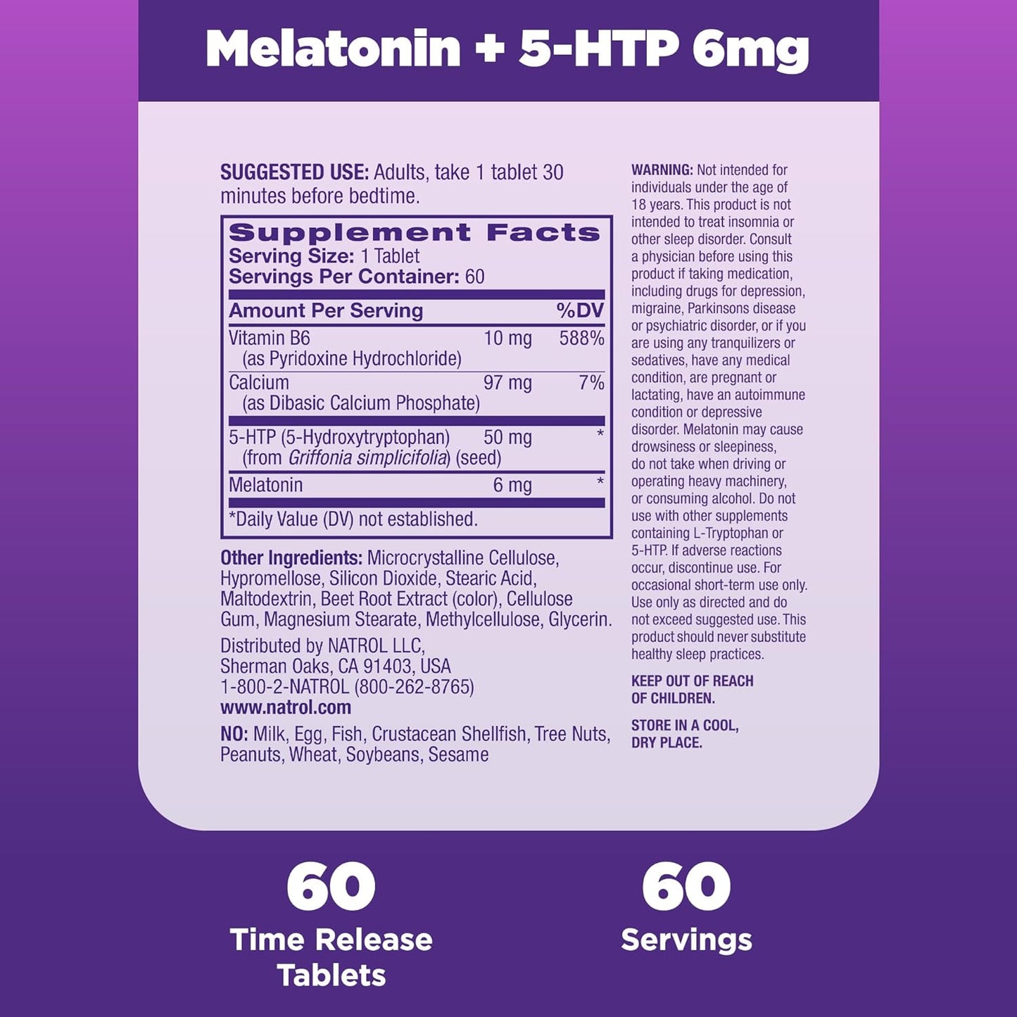 Natrol Advanced Sleep Melatonin + 5HTP, Dietary Supplement for Restful Sleep, 60 Tablets