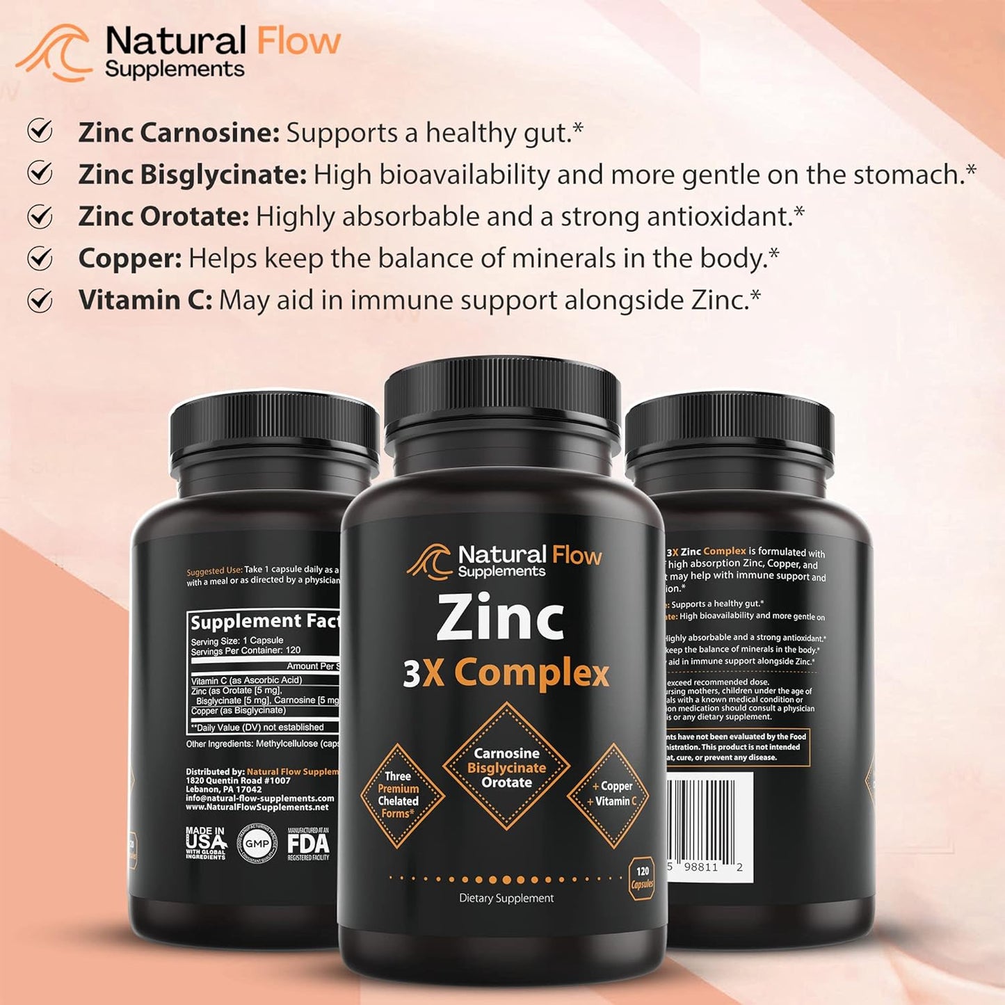 Zinc Supplement Complex with Copper and Vitamin C - 120 Capsules