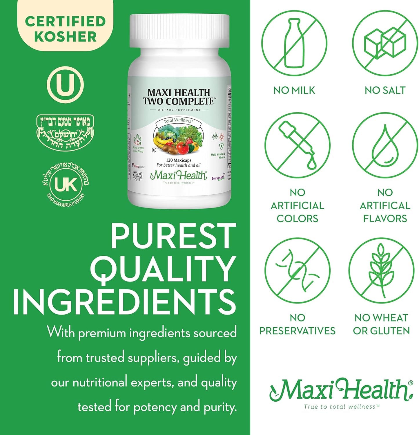 Maxi Health Two Complete - Multivitamins and Minerals - Full Potency - 120 Capsules