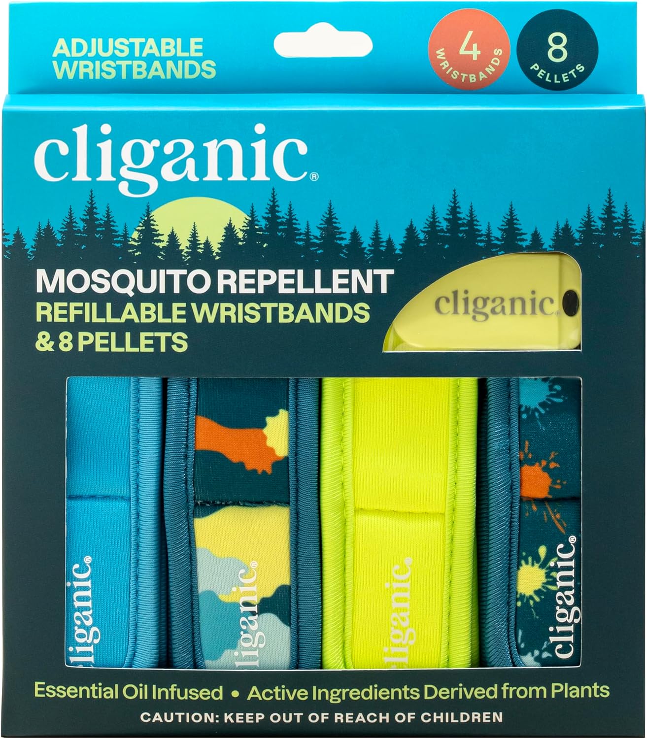 Cliganic Mosquito Repellent Pack (4 Wristbands + 8 Refill Pellets) - Adjustable, Natural DEET-Free, Essential Oil Infused