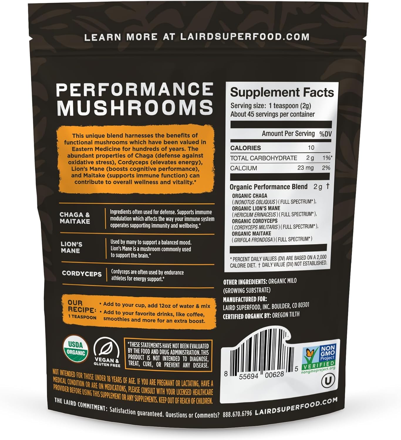 Laird Superfood Organic Performance Mushroom Blend 3.17 oz.