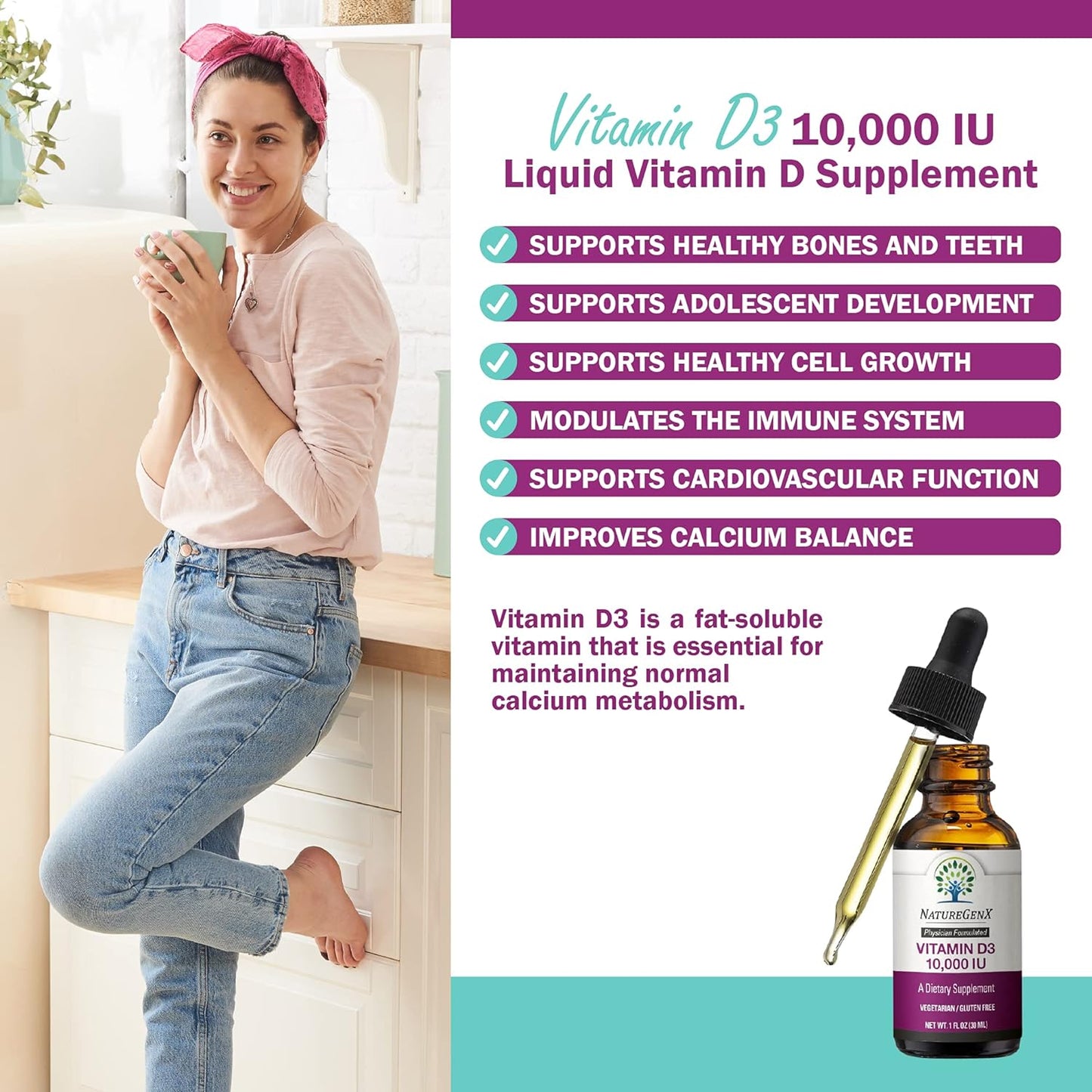 Liquid Vitamin D Drops: Vitamin D3 Supplement 10000 IU for Fast-1 fl oz