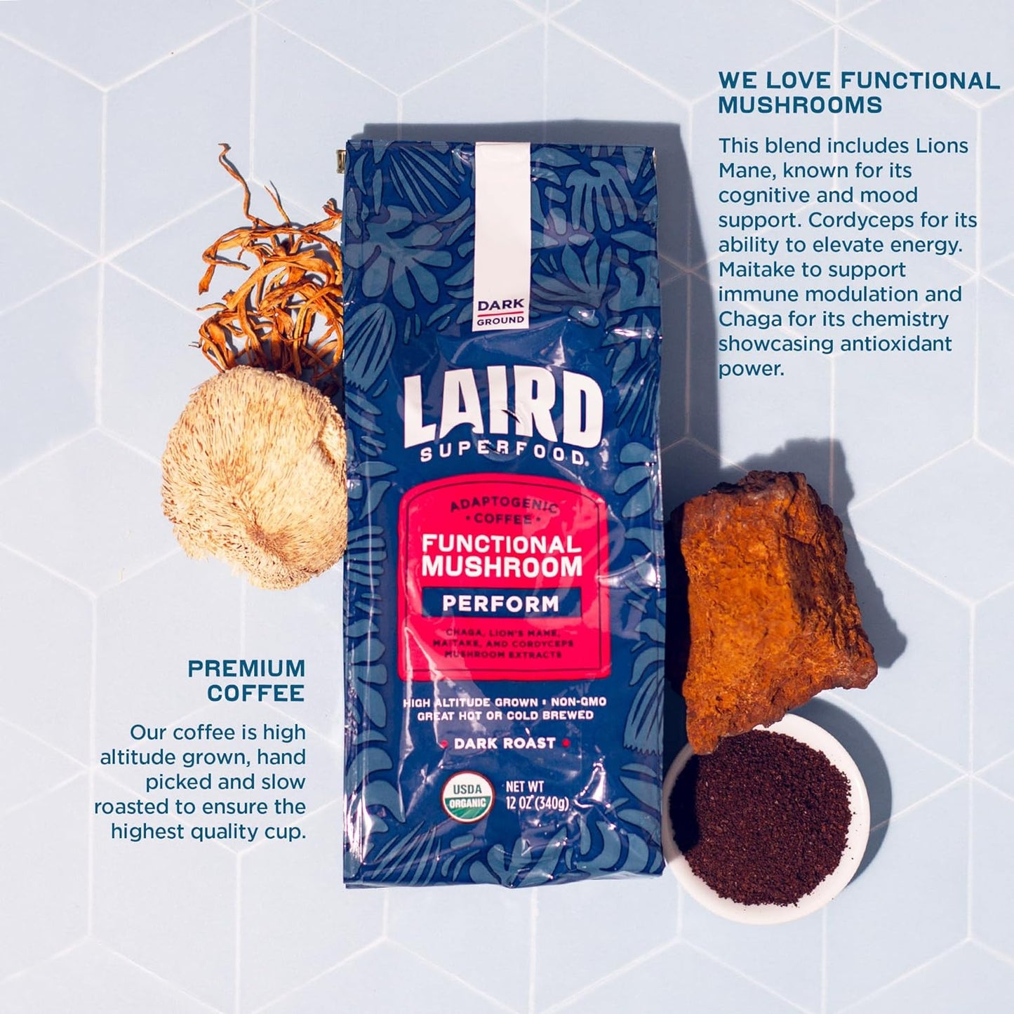 Laird Superfood Peruvian Dark Roast Coffee with Functional Mushrooms 12 oz.