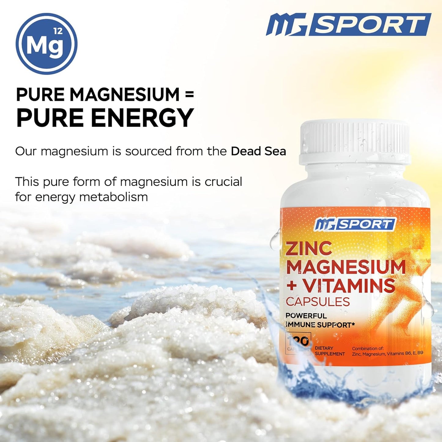 MgSport Magnesium and Zinc + Vitamins B6, B9, High Absorption 120 Capsules