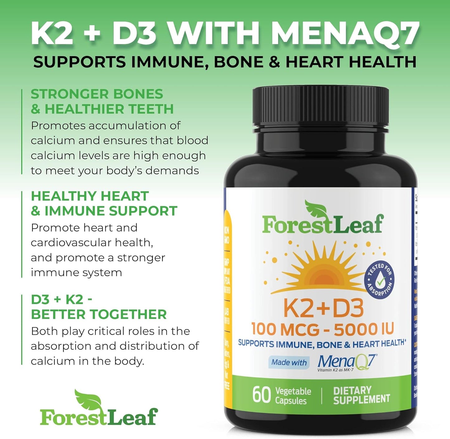 ForestLeaf Vitamin D3 + K2 (MK7) Supplement - 60 Veggie Capsules