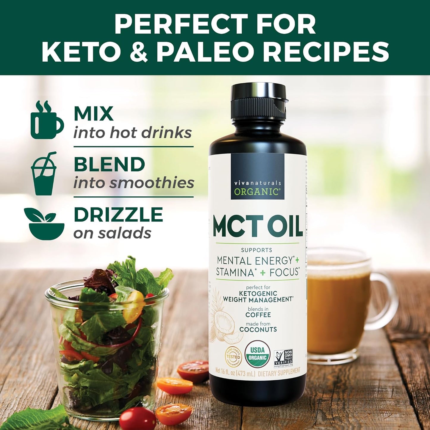 Viva Naturals Organic MCT Oil for Keto Coffee (16 fl oz)