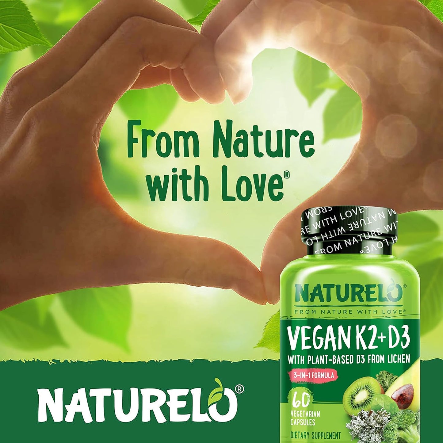 NATURELO Vegan K2+D3 - Plant Based D3 from Lichen - 60 count