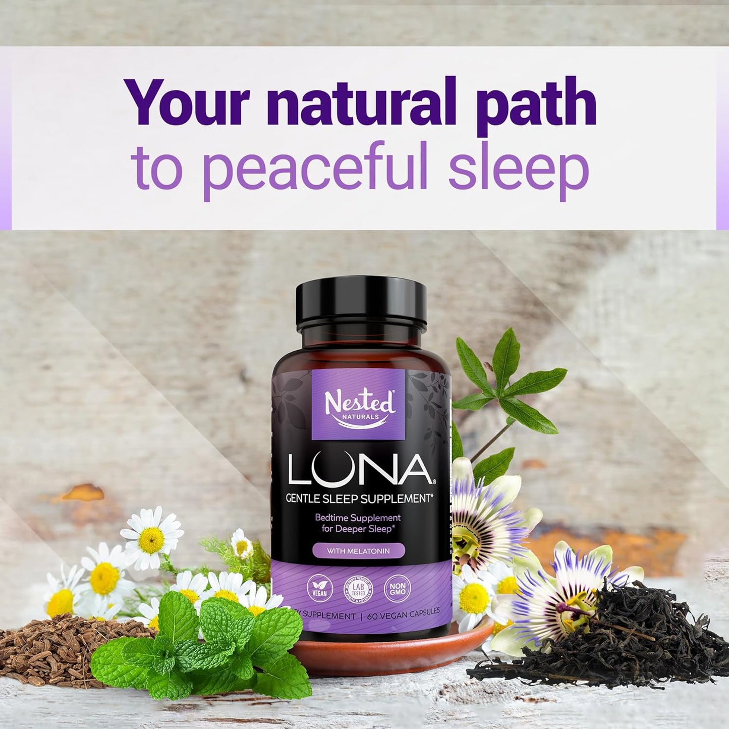 Luna1 Bedtime Supplement  Naturally Sourced Ingredients for Easier Bedtime - 60  Capsules