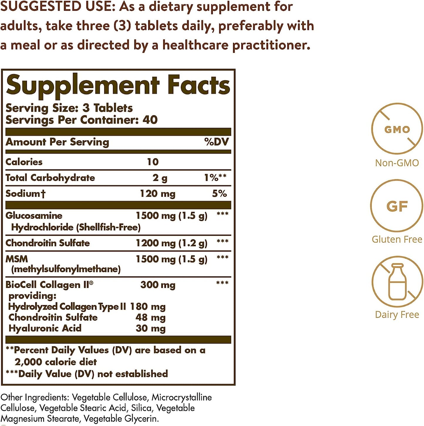 Solgar Glucosamine Hyaluronic Acid Chondroitin MSM, 120 Tablets