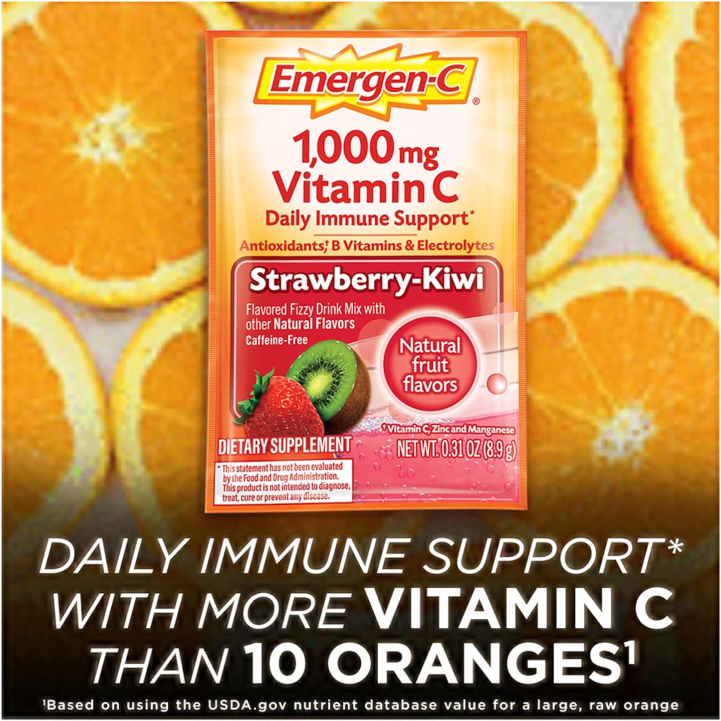 Emergen-C 1000mg Vitamin C Powder, with Antioxidants, B Vitamins and Electrolytes, Vitamin C Supplements for Immune Support, Caffeine Free Fizzy Drink Mix, Strawberry Kiwi Flavor - 30 Count