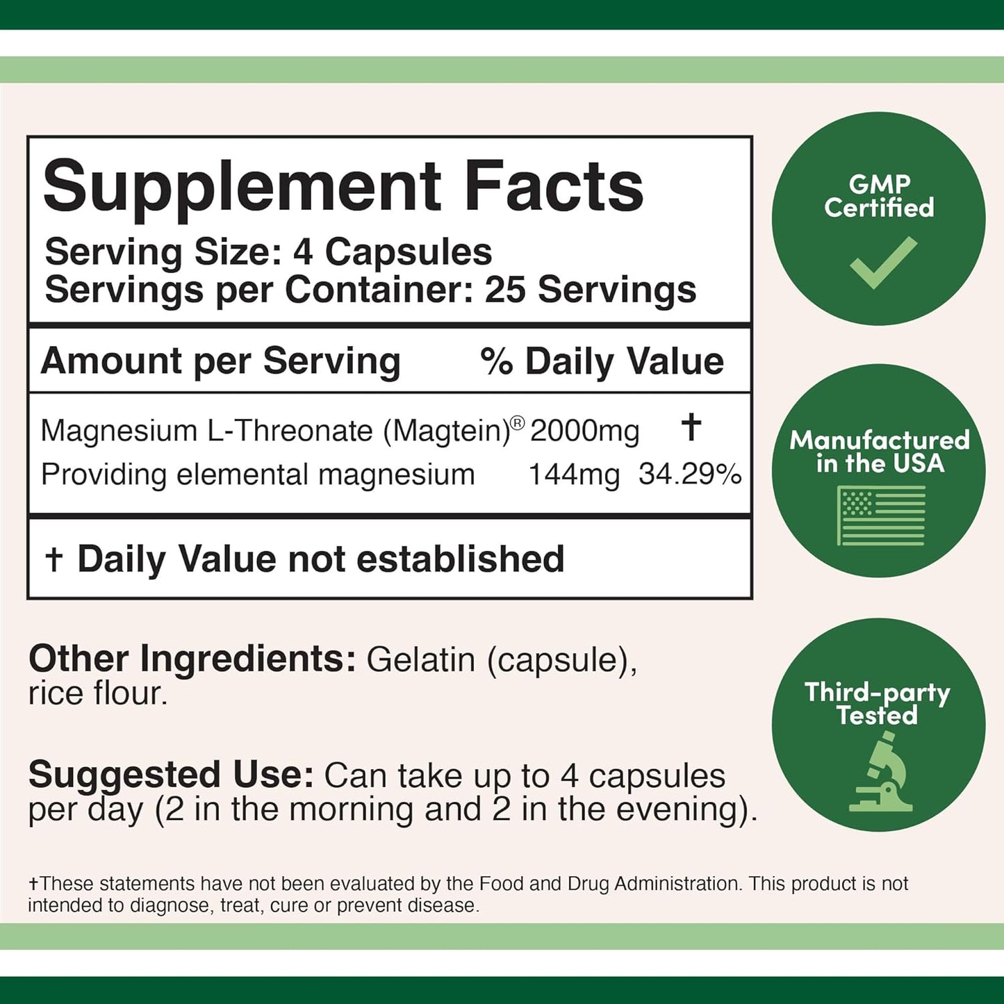 Magnesium L Threonate Capsules (Magtein) – High Absorption 100 Capsules