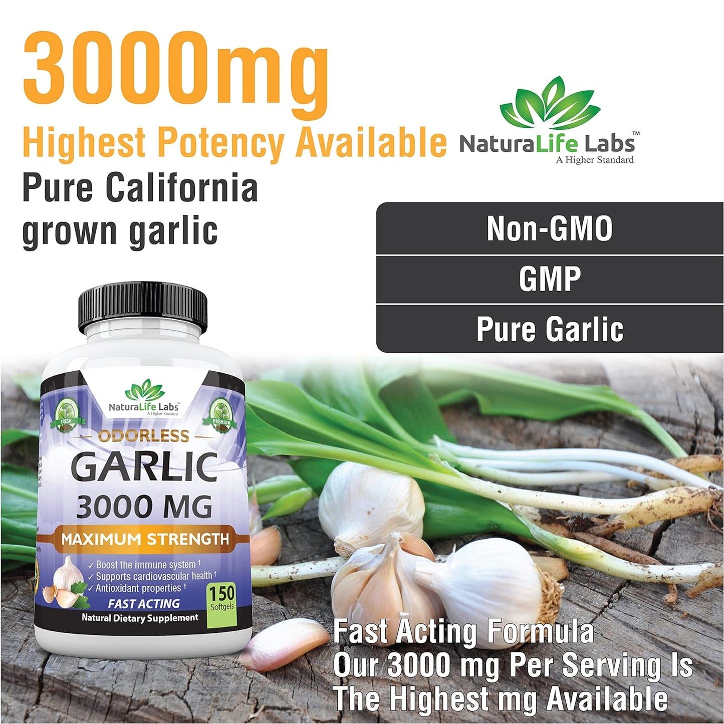 NaturaLife Labs A Higher Standard Odorless Pure Garlic  150 Soft gels