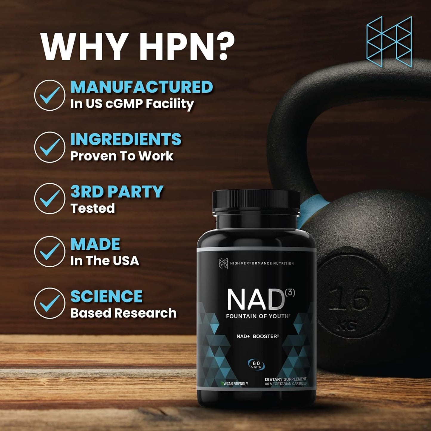 HPN NAD+ Booster (NAD3), Anti Aging Cell Booster, 60 caps