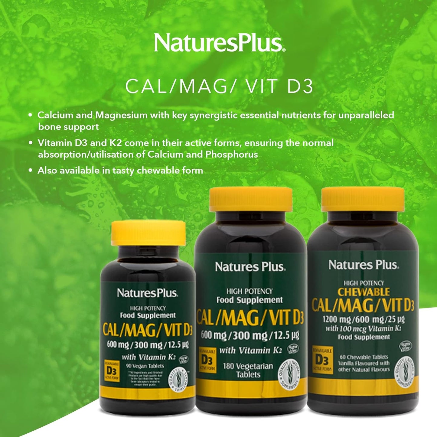 NaturesPlus Cal/Mag/VIT D3 with Vitamin K2-180 Tablets