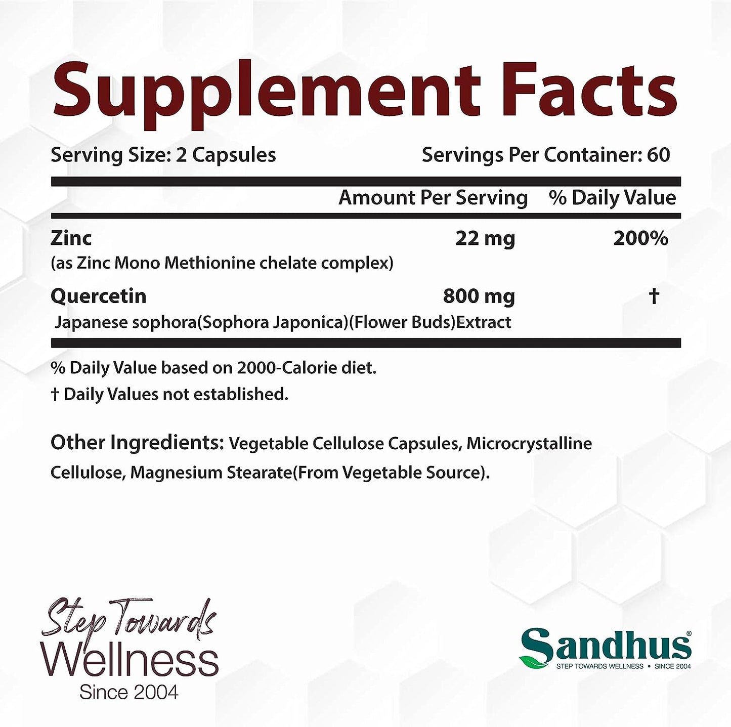 Sandhu's Zinc Quercetin 120 Vegetarian Capsules