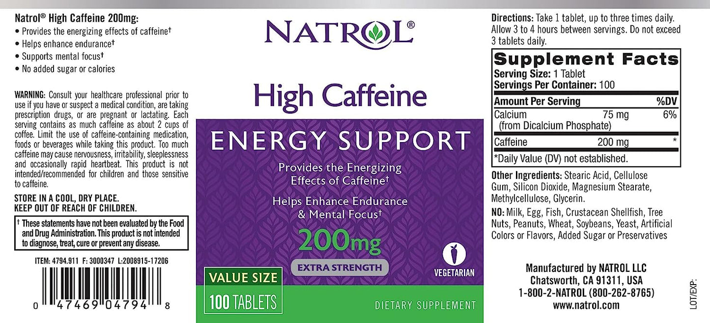 Natrol High Caffeine Tablets, Energy Support,100Count