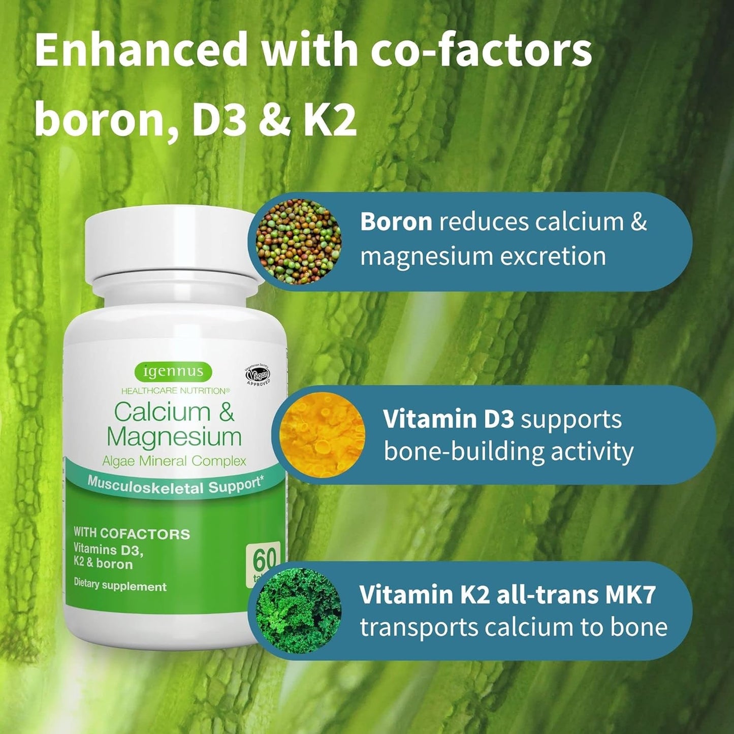 High Absorption Algae Calcium & Magnesium , Plant Based, K2 & D3 60 Tablets