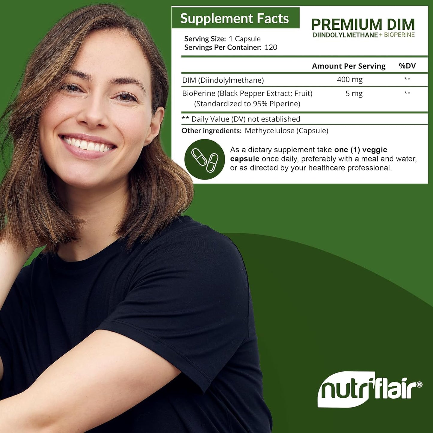 NutriFlair DIM Supplement 400mg with Bioperine, 120 Capsules