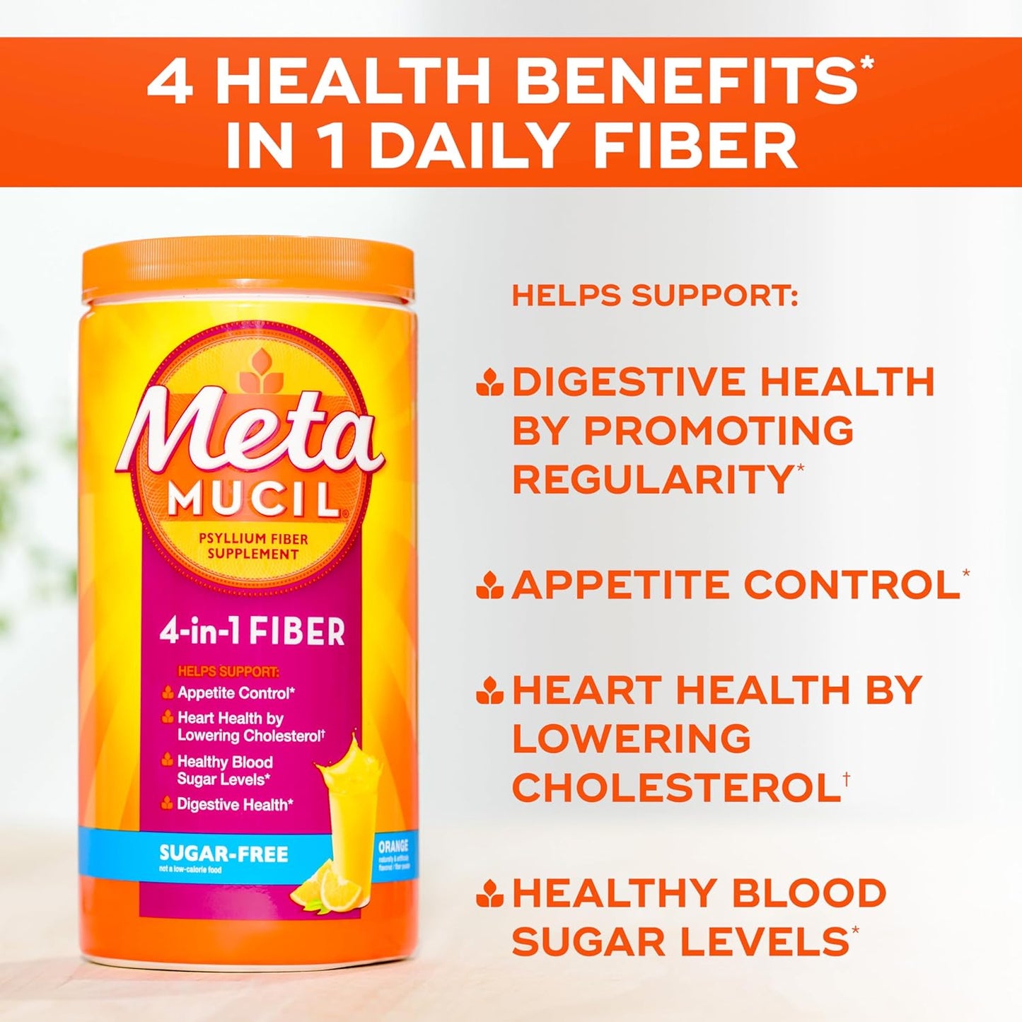 Metamucil 4-in-1 Fiber Supplement , Sugar-Free Fiber , Orange Flavored, 180 teaspoons