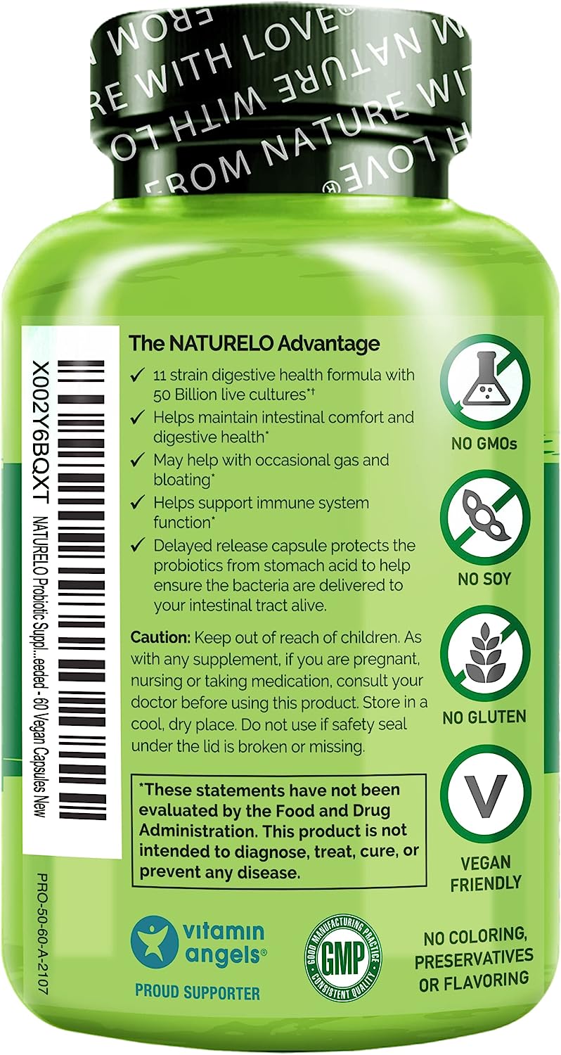 NATURELO Probiotic Supplement - 50 Billion CFU - 11 Strains - 60 capsules