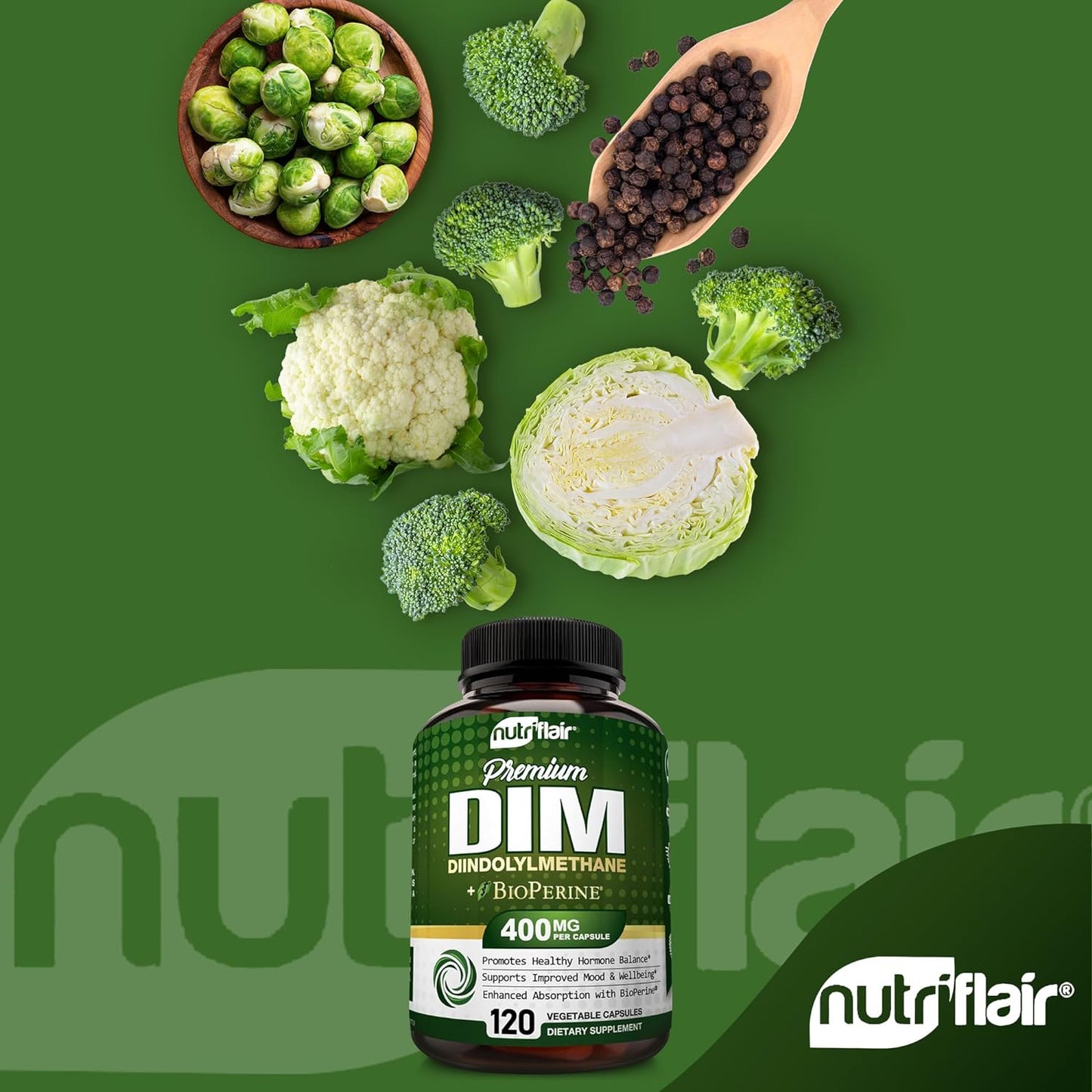 NutriFlair DIM Supplement 400mg with Bioperine, 120 Capsules