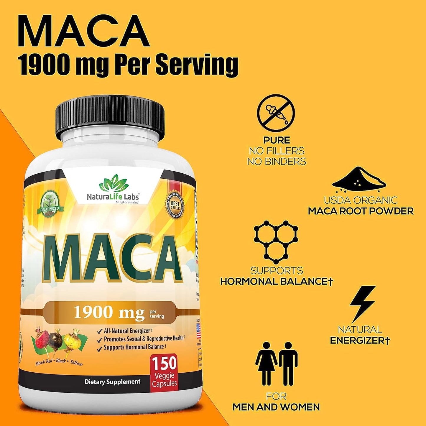 Organic Maca Root Black, Red, Yellow  - 150 Vegan Capsules