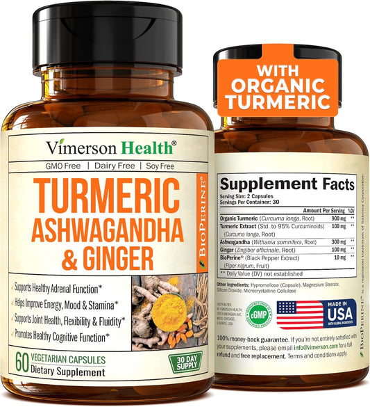 Turmeric Curcumin & Ashwagandha Supplements with Black Pepper -60 capsules