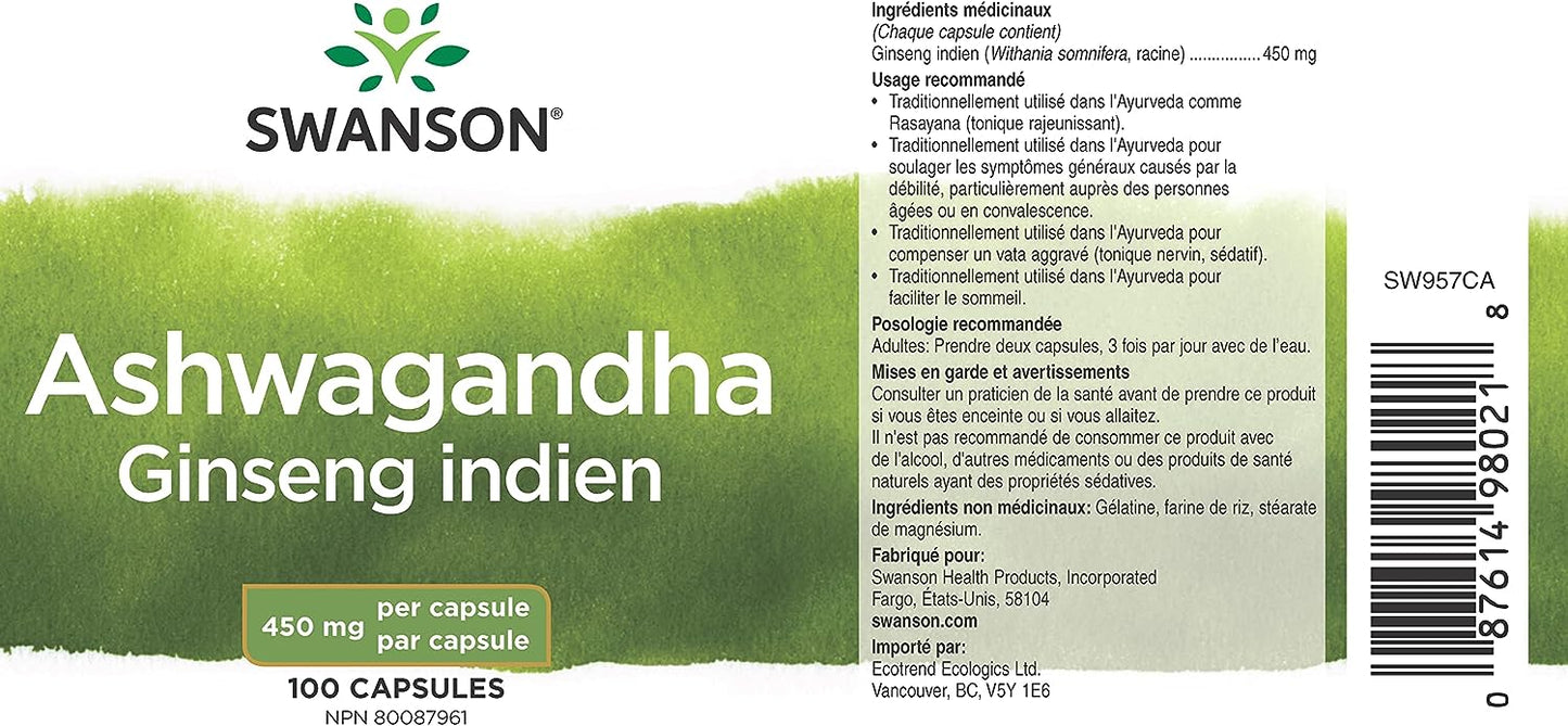 Swanson Ashwagandha Powder Supplement, 100 Capsules