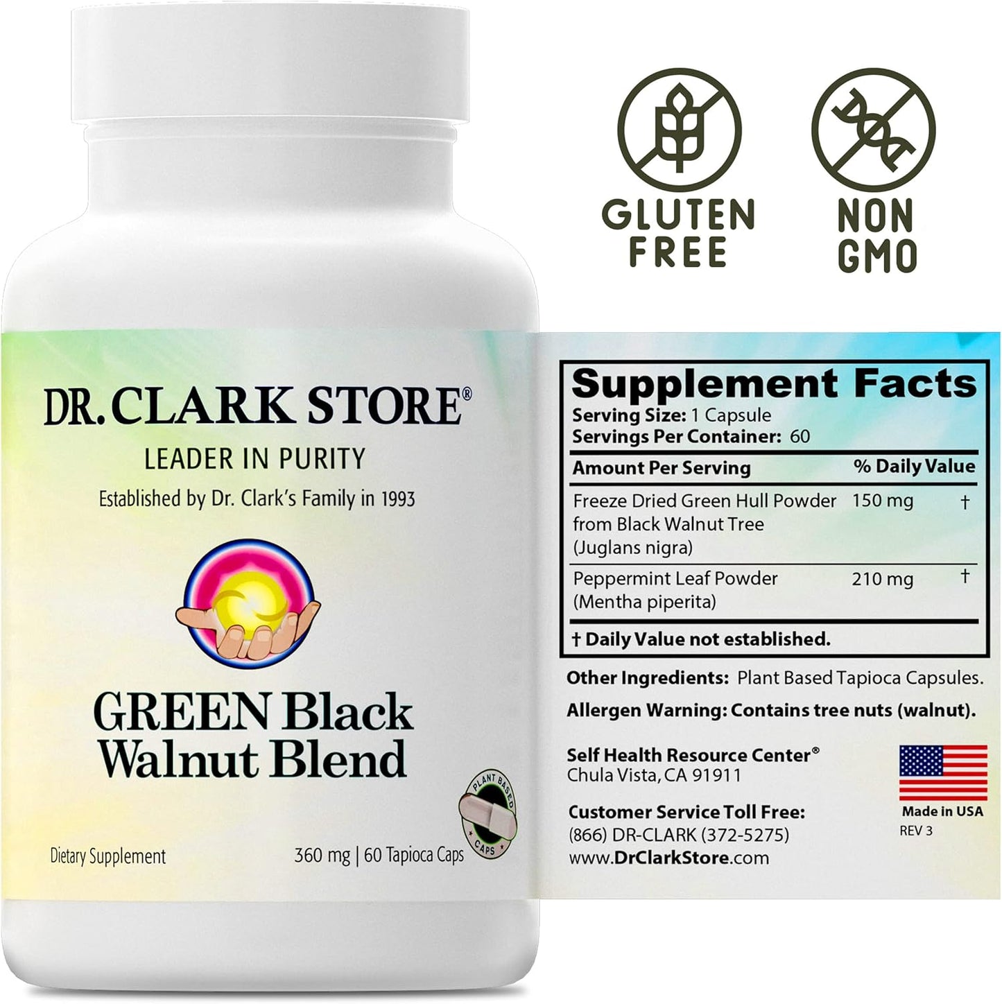 Dr. Clark Green Black Walnut Dietary Supplement, 360mg, 60 Tapioca Capsules