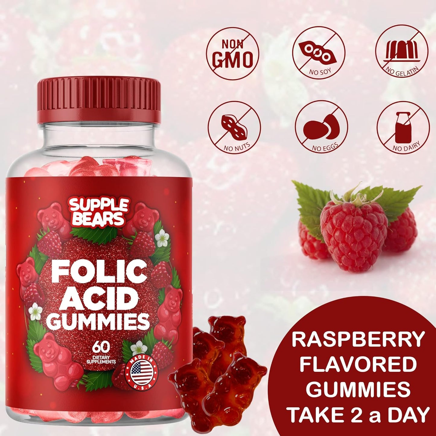 Supplebears Folic Acid Gummies 400mcg- 60 count